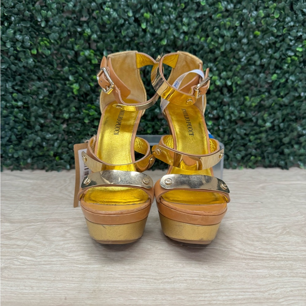 Emilio Pucci Brown Leather Plated Platform Sandals - W6 - Picture 3 of 10